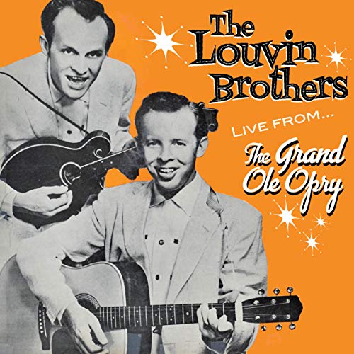 Louvin Brothers CD cover, two men playing instruments, orange background.