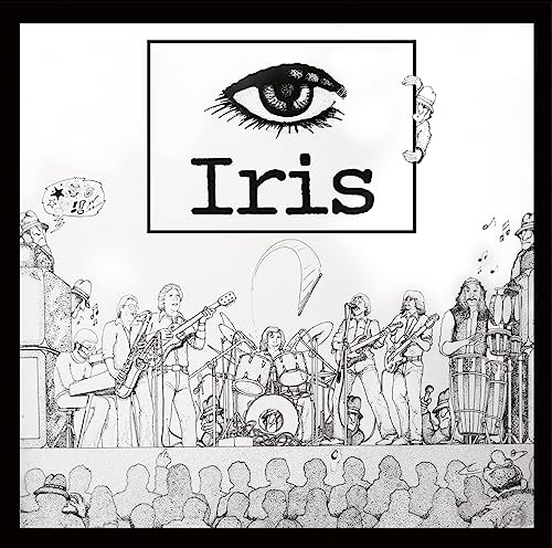 Black and white sketch of a band performing to a crowd, with an eye above.