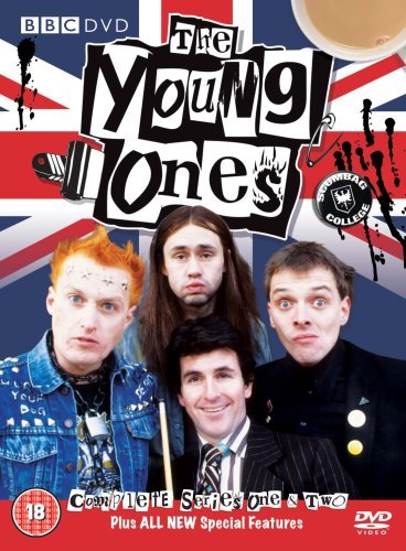 DVD cover for "The Young Ones" with five men in front of a UK flag.
