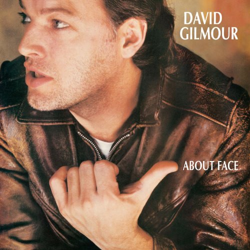 David Gilmour's album cover: man in leather jacket with text "DAVID GILMOUR ABOUT FACE".
