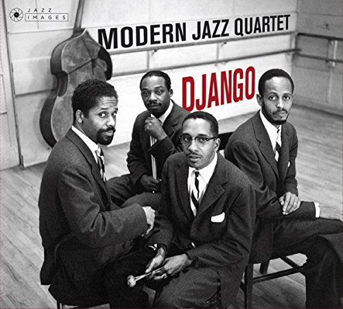 Black and white photograph of four suited men sitting, with "Django" written in red.