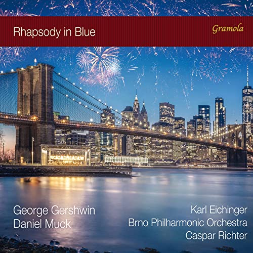CD cover: New York City skyline with fireworks, “Rhapsody in Blue” title.