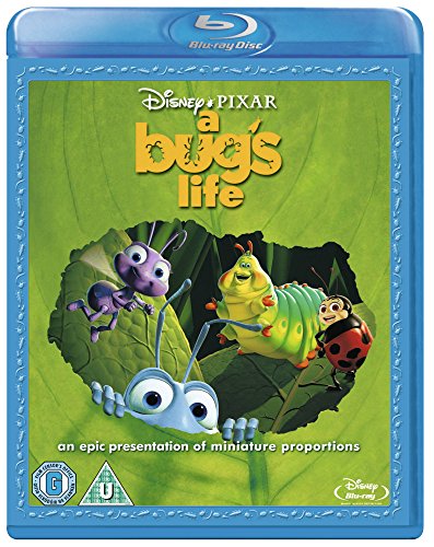 A Bug's Life" Blu-ray cover featuring cartoon insects on a green leaf.