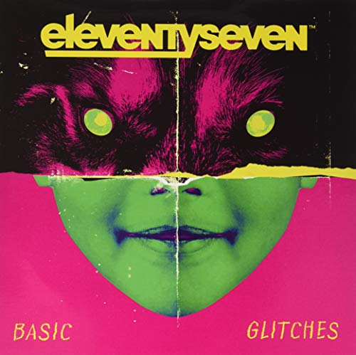 Album cover for Eleventyseven’s “Basic Glitches” featuring distorted faces.