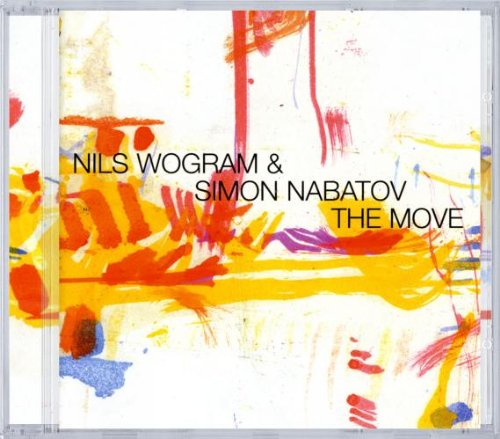 "Album cover with abstract orange, yellow, and red paint strokes on a white background."