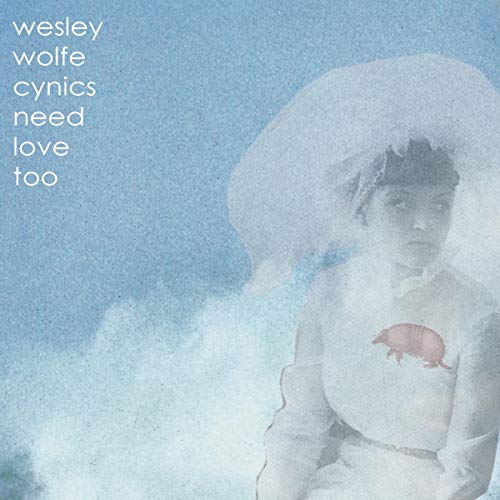 The alt text for the image is: "Album cover with a woman in white dress and pig on chest."