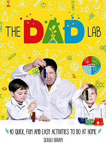 Man and two boys in lab coats conduct science experiments on a book cover.