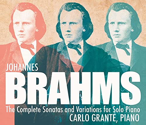 CD cover with three portraits of Johannes Brahms in red, blue, and teal.