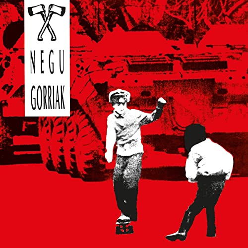 Red album cover with figures and crossed axes above text "NEGU GORRIAK".