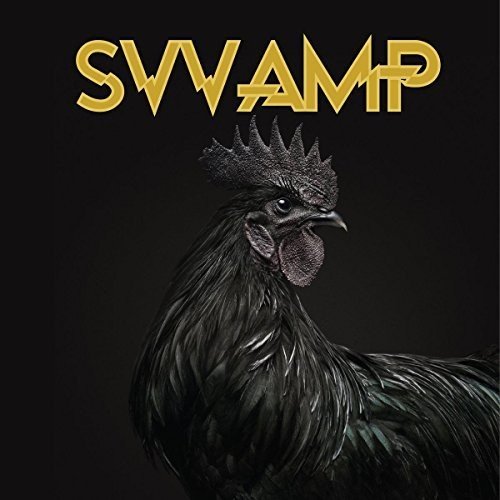 Black rooster portrait with golden “SVVAMP” text above against a dark background.