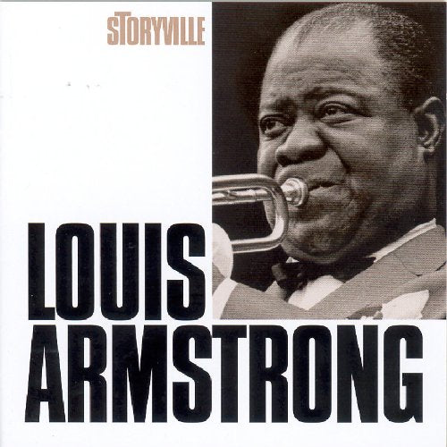 "Louis Armstrong album cover with sepia-toned photo of Louis Armstrong playing trumpet."