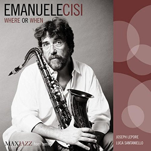 Album cover with man holding saxophone, black and white photo with red accents.