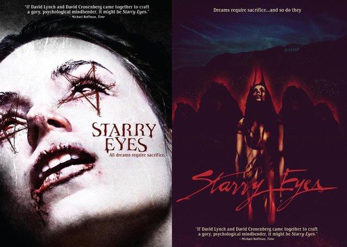 "Two 'Starry Eyes' movie covers: a woman with occult symbols and a hooded figure."