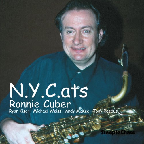 "Album cover featuring a man holding a saxophone, with text overlay."