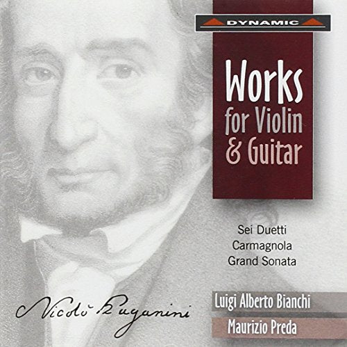 CD cover featuring a portrait of Niccolò Paganini and text "Works for Violin & Guitar".