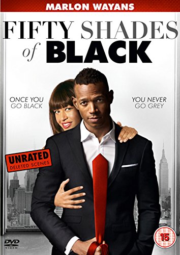 DVD cover for "Fifty Shades of Black" featuring a man and woman in a suit.