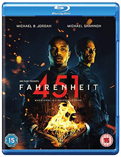 "Blu-ray case with cover art featuring two men and a burning book."