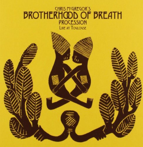 "Yellow album cover with black silhouettes of two people and foliage."