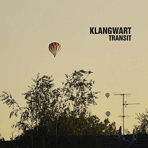 "Album cover with 'Klangwart Transit' text, featuring trees and hot air balloons against a beige sky."