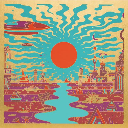 Psychedelic album cover with a red sun, cityscape, and flying saucers.