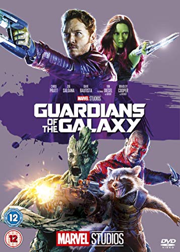Guardians of the Galaxy DVD cover featuring Star-Lord, Gamora, and Rocket.