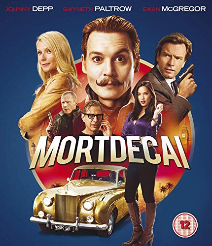 "Blu-ray cover for 'Mortdecai' featuring Johnny Depp and a gold car."