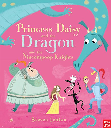 "Children's book cover featuring a princess, dragon, and knights on a pink background."