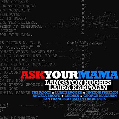 "Album cover for 'Ask Your Mama' by Langston Hughes and Laura Karpman, featuring artist names and contributors."