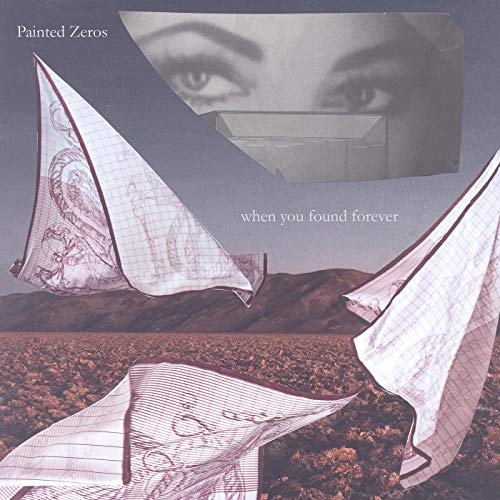 Album cover with abstract shapes, a landscape, and a woman's eyes.