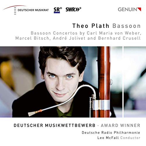 CD cover featuring a man with a bassoon, text details composers and awards.