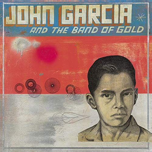 Album cover with man illustration, red and gray background, and abstract designs.