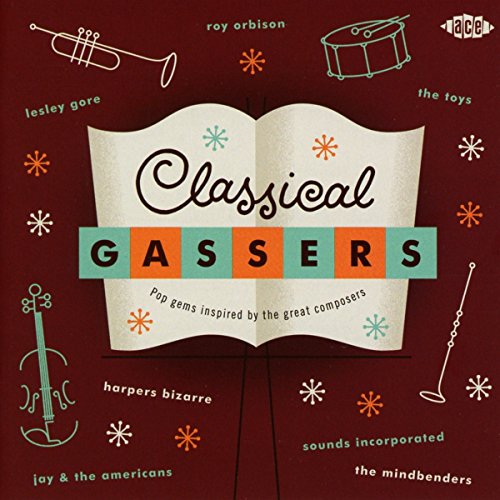 CD cover art with musical instruments, stars, and text reading Classical Gassers on brown.