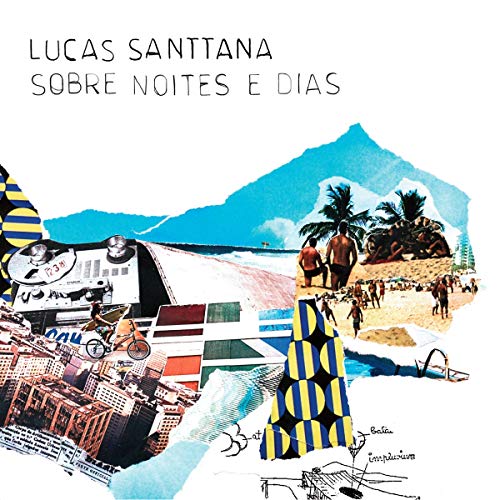 Vinyl record cover with collage of cityscape, beach, and abstract shapes on white background.