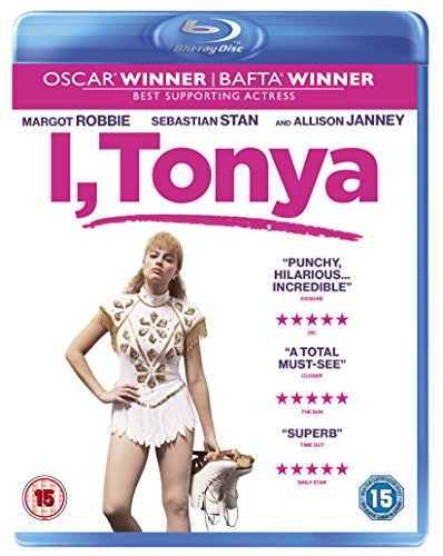 "Blu-ray case for 'I, Tonya' with a blonde woman in a white skating costume."