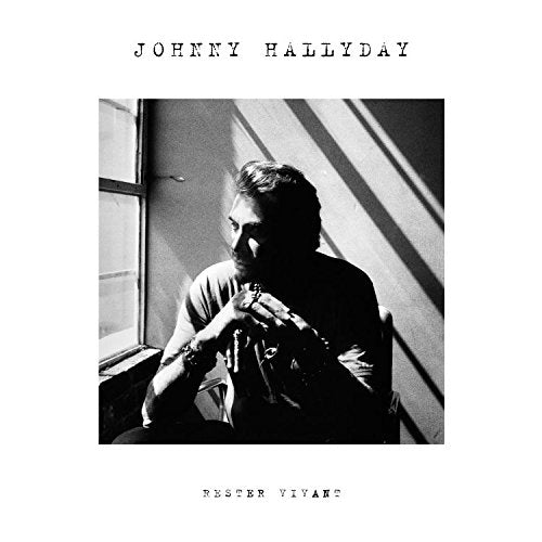 "Album cover featuring a black-and-white photo of Johnny Hallyday sitting by a window."