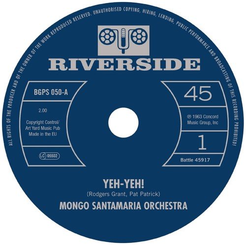 Blue vinyl record label with "Riverside" logo and "YEH-YEH!" song title.