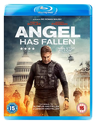 Angel Has Fallen" Blu-ray cover featuring Gerard Butler and action scene.