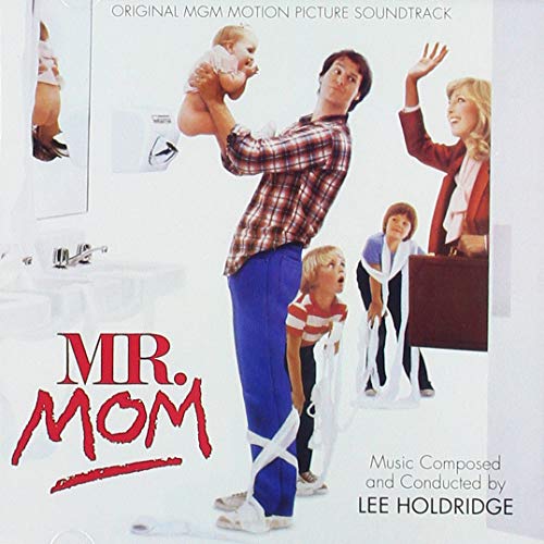 "Album cover for 'Mr. Mom' soundtrack featuring a man with children in a bathroom."