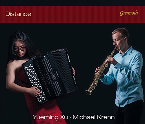 Album cover with man playing saxophone and woman holding accordion against a black background.