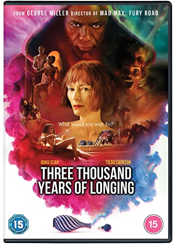 DVD cover art for Three Thousand Years of Longing featuring Tilda Swinton and Idris Elba.
