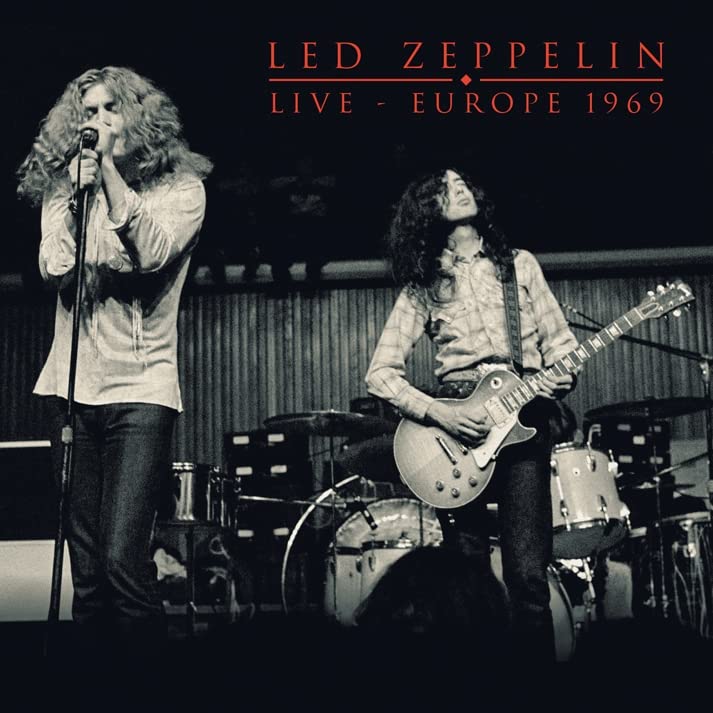 Black and white album cover of Led Zeppelin performing live in 1969.