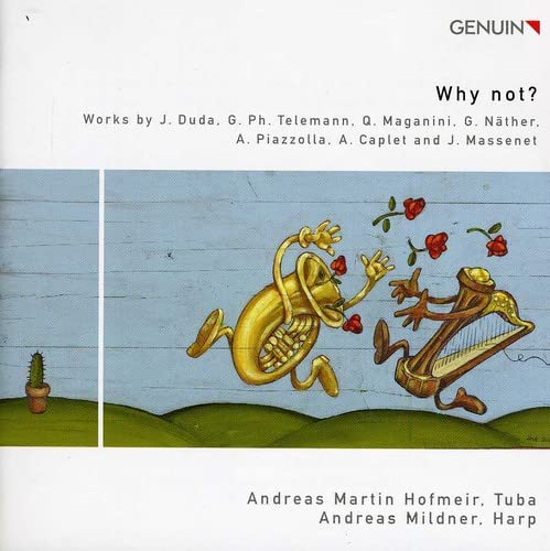 CD cover: cartoon tuba and harp on a green, hilly landscape.