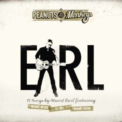 "Album cover with a man playing guitar, surrounded by text on a beige background."