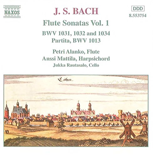 CD cover for J.S. Bach’s Flute Sonatas, Vol. 1, with a town landscape.