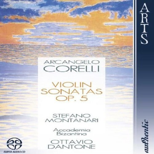 "CD case with abstract water and sky design, text overlay listing Corelli's Violin Sonatas."