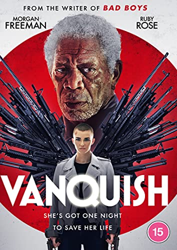 Vanquish" DVD cover featuring Morgan Freeman and Ruby Rose, guns prominent.