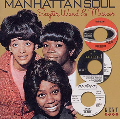 CD cover for “Manhattan Soul” featuring three smiling Black singers and record labels.