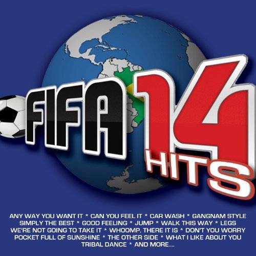 CD cover for "Fifa 2014 Hits" with soccer ball and fiery background.