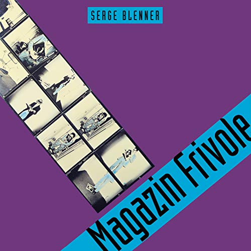 "Vinyl album cover with purple background, blue banner, and film strip images."