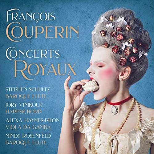 CD cover: woman in 18th-century attire eating a macaron.